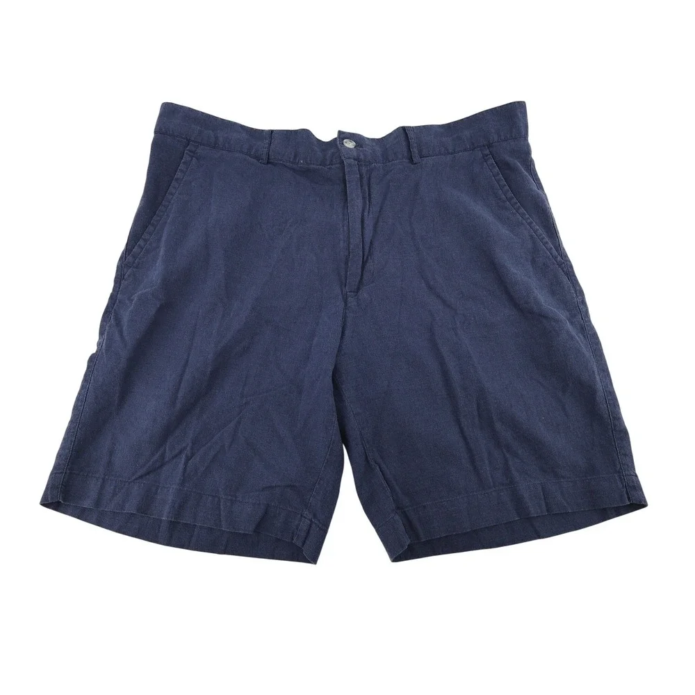 Alan Flasser Linen Rayon Blend Shorts Mens Navy Blue Flat Front Shorts Size‎ 38